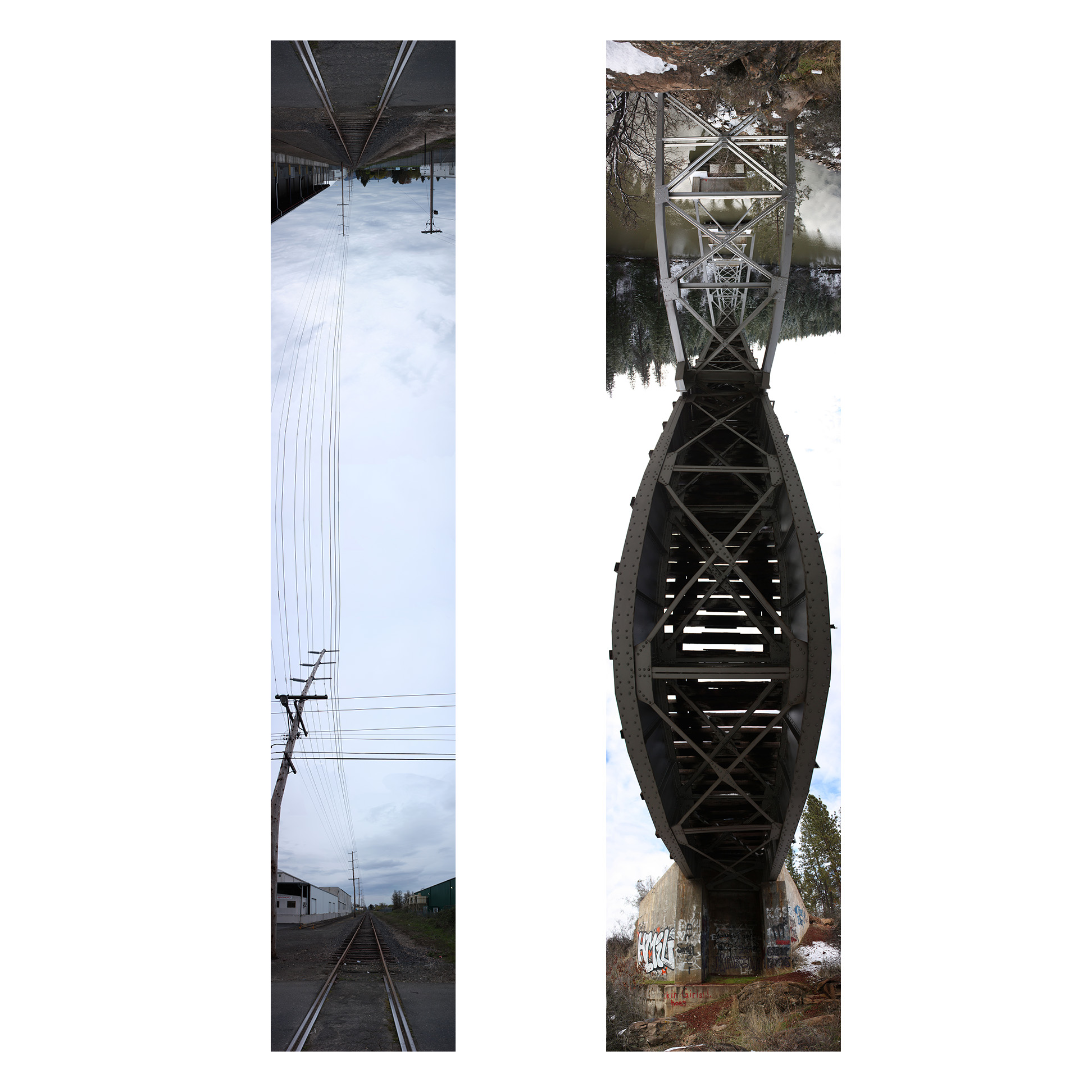 Two images of vertical panoramas above and below train tracks.